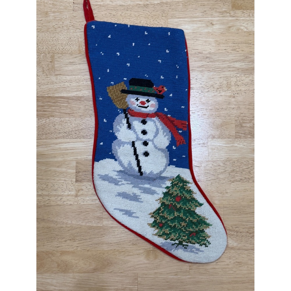 Vintage Snowman Needlepoint Christmas Stocking Wool Hand Stitched Blue Red 17in